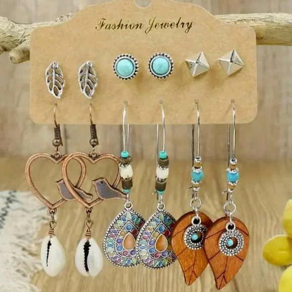 Southwestern Earring 6 pair Set - Turquoise Inlaid Studs & Dangles - Picture 1 of 6